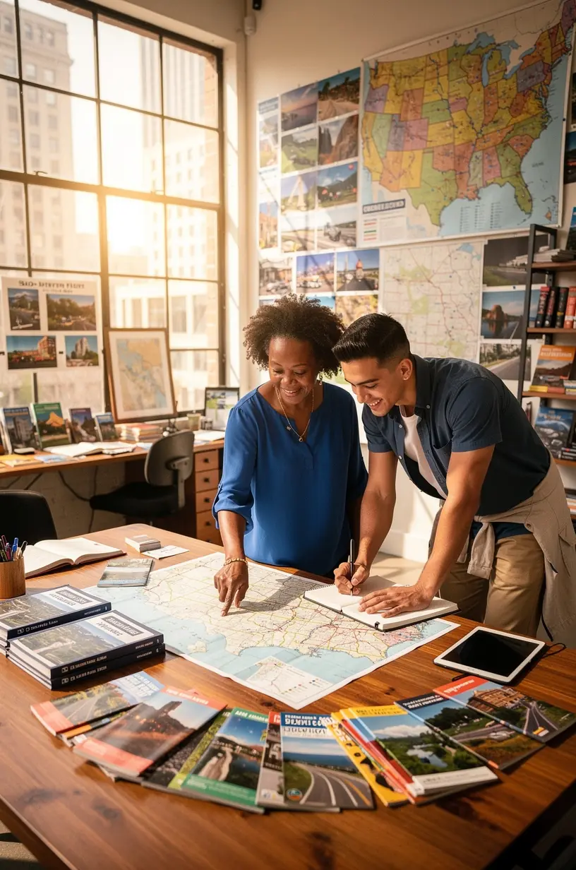 Печатный комплект маршрута для автопутешествия по США с подробными картами, достопримечательностями и рекомендациями.