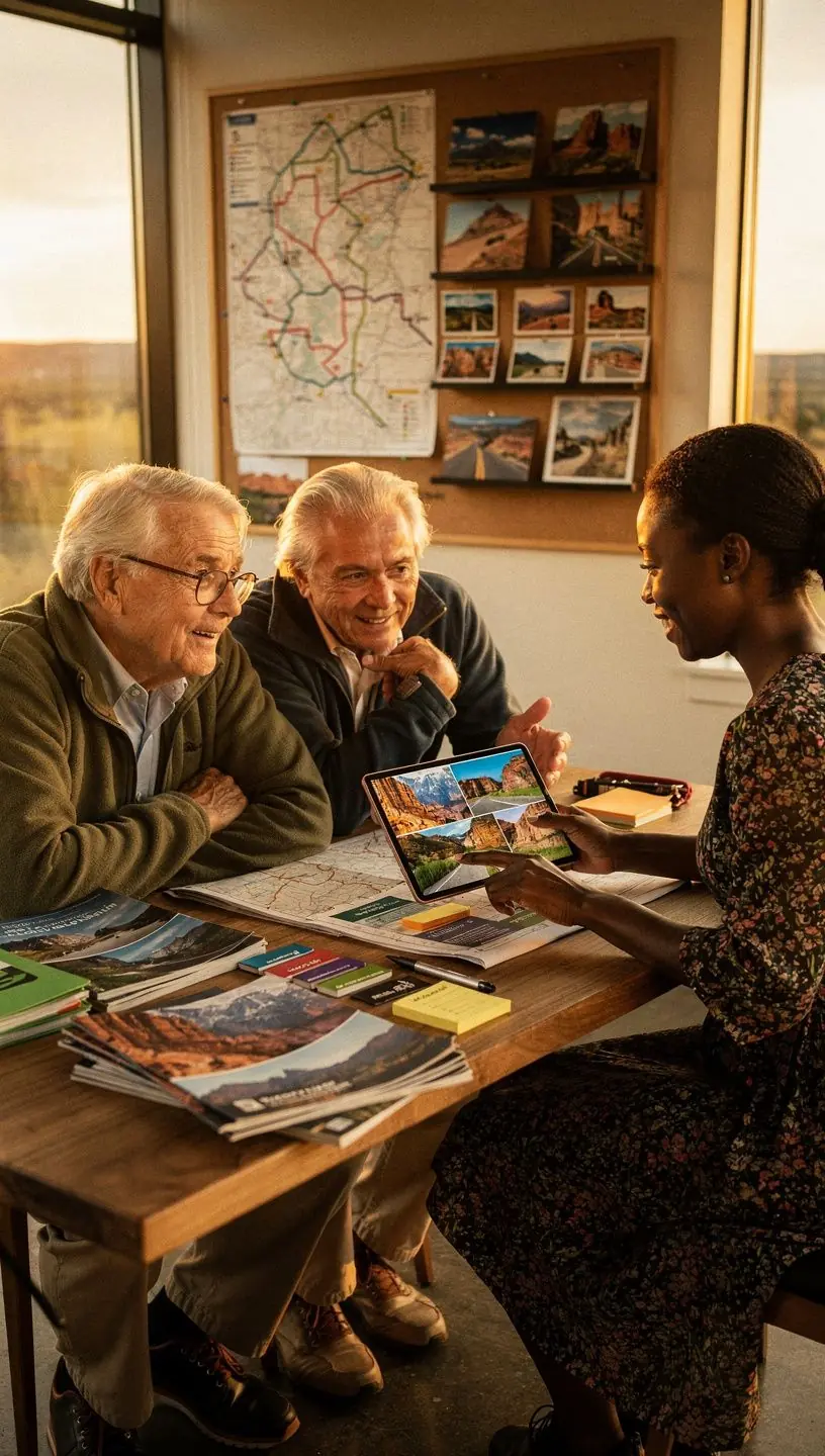 Профессионал демонстрирует интерактивную карту США на экране, объясняя оптимальные маршруты для путешествия на автомобиле.