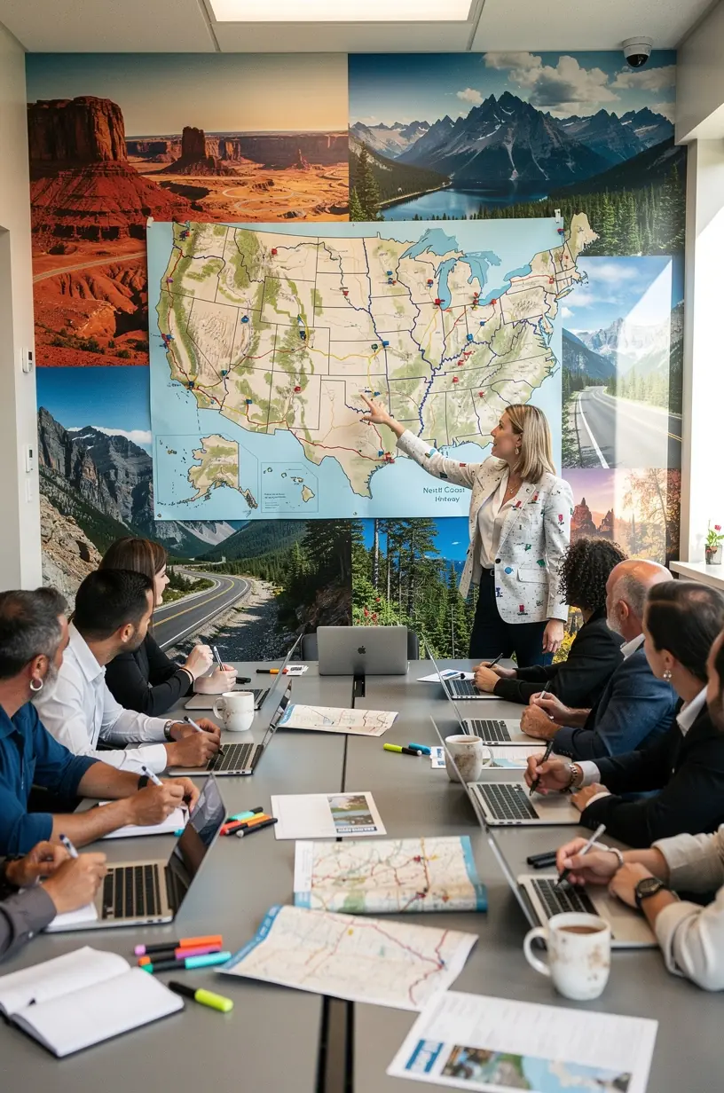 Клиенты обсуждают детали маршрута автопутешествия с консультантом в уютной студии планирования.